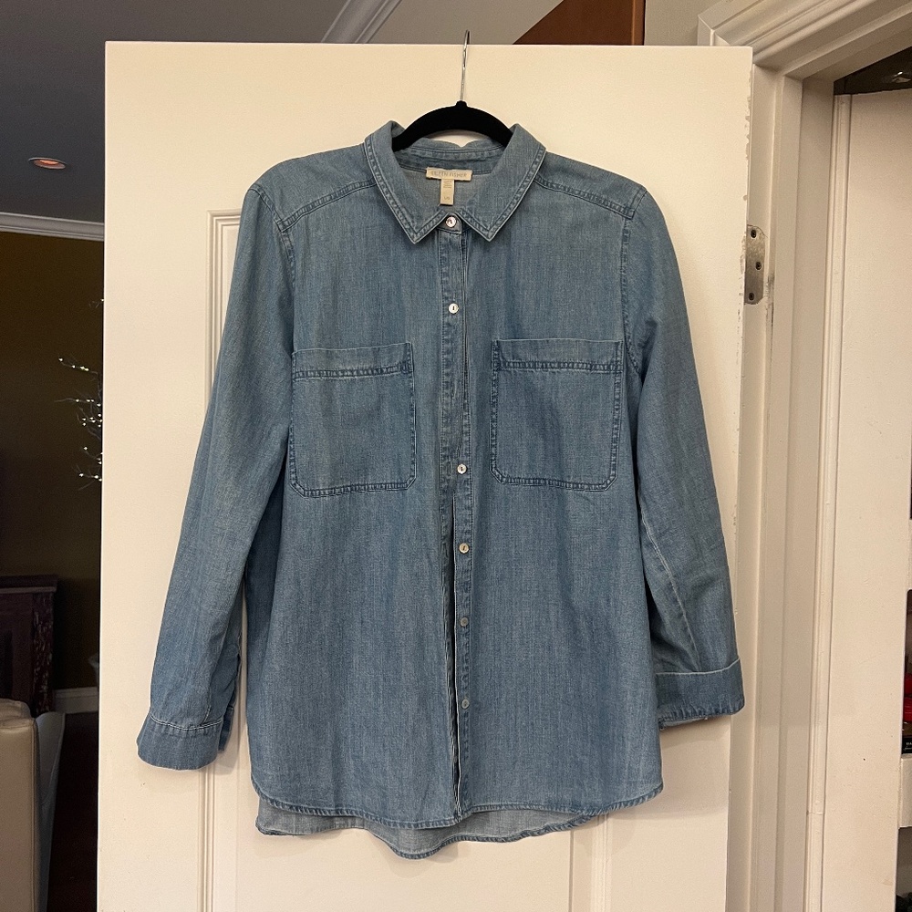 Eileen Fisher Denim Button Down Blouse w Patch Pockets NWOT